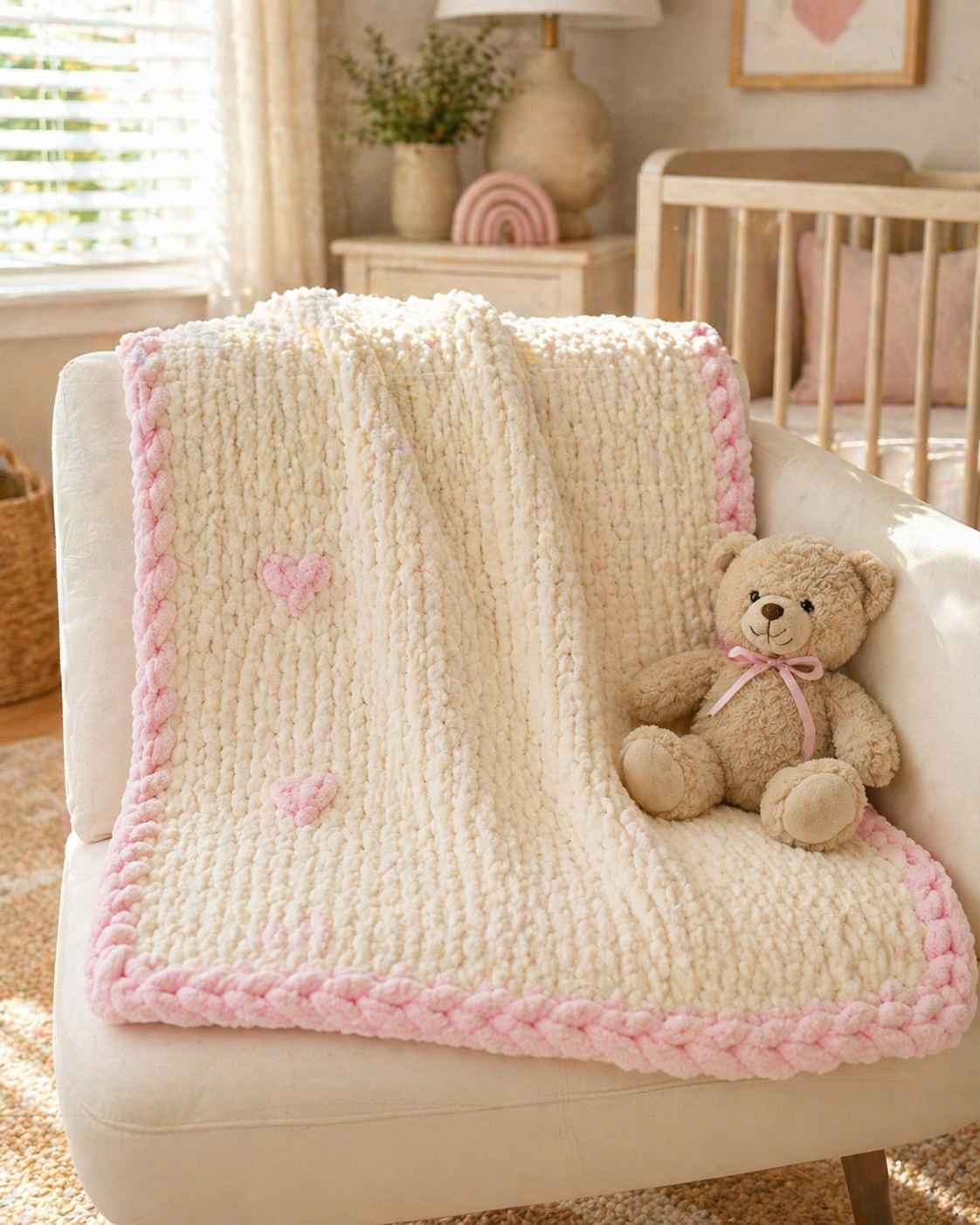 Cream baby blanket with pink hearts and border