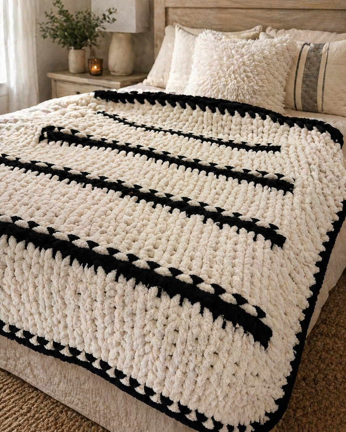 Cream and black striped chunky knit blanket on bed