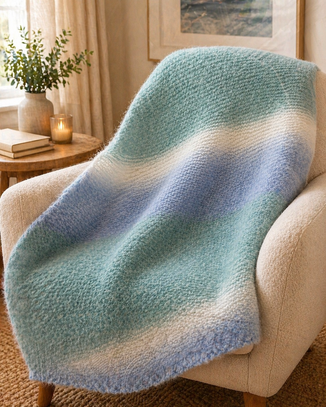 Blue ombre soft knit blanket on armchair