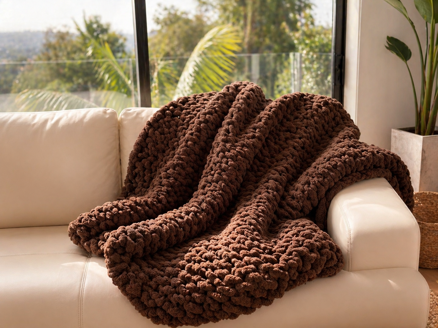 Chunky brown knit blanket draped over sofa