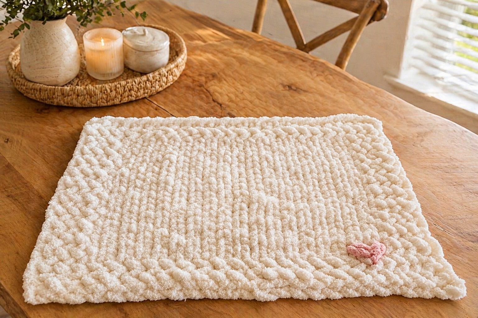 Cream mini knit blanket with pink heart on wooden table