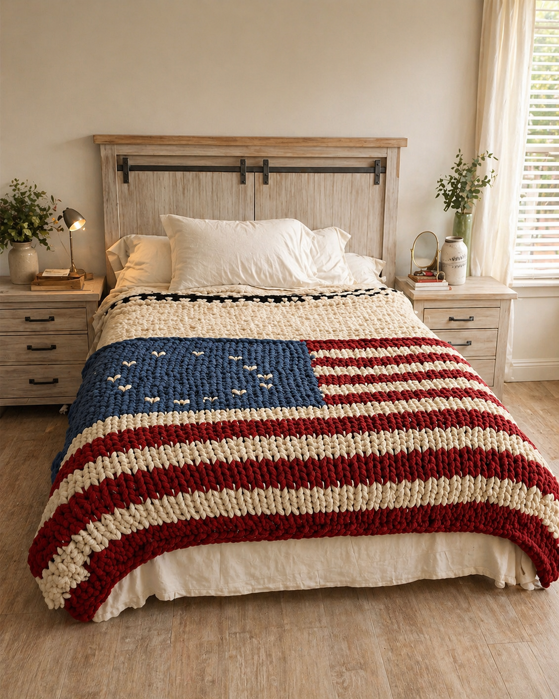 American flag handknit blanket on bed