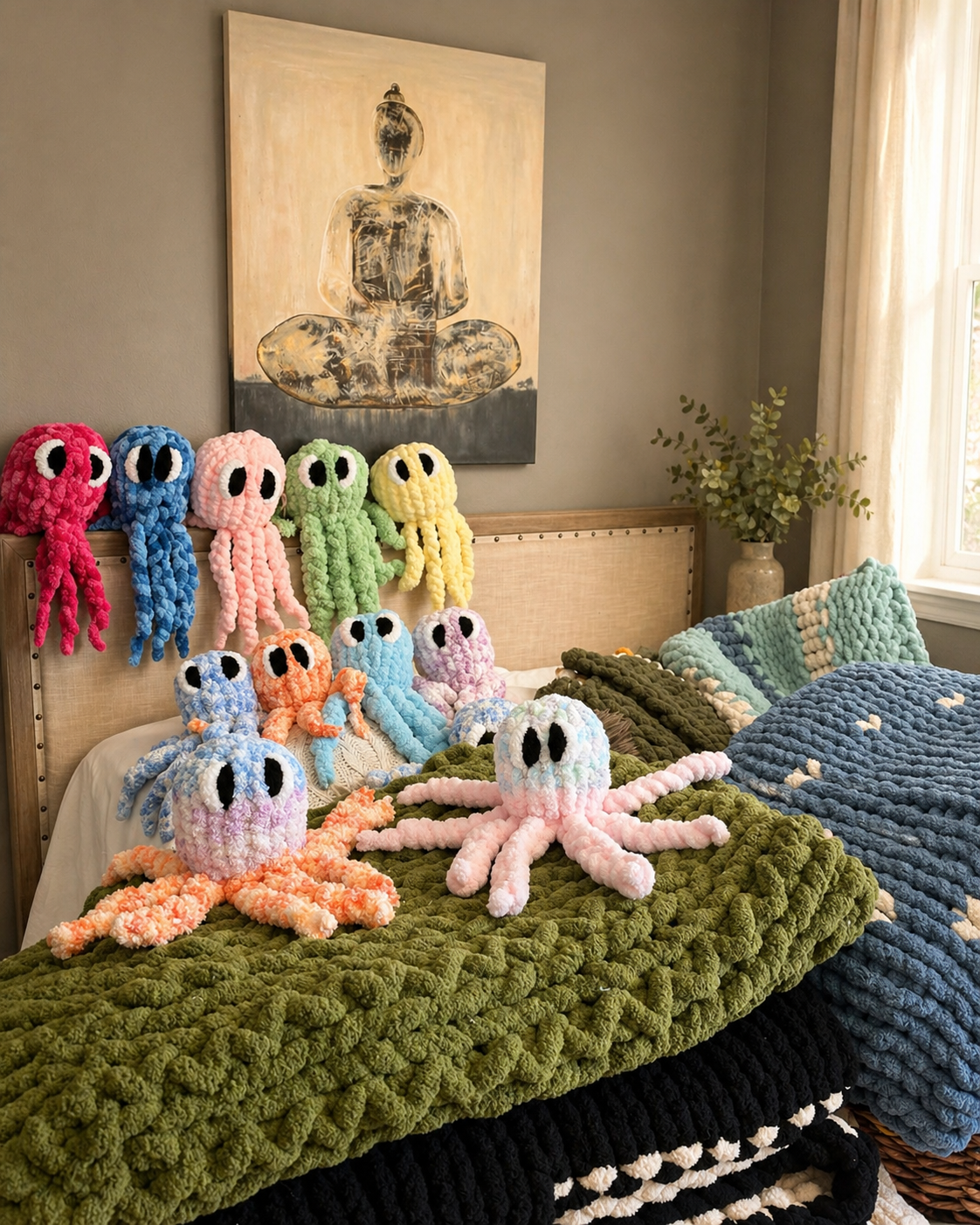 Colorful handknit octopus toys collection